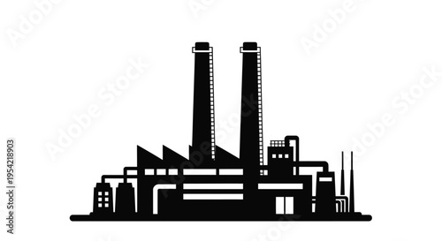 Industrial factory complex with twin towers depicted in black silhouette