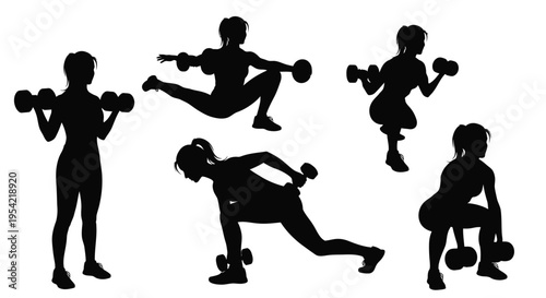 Women exercising with dumbbells in various poses a striking silhouette
