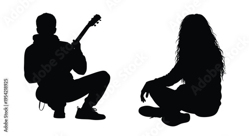 Couple playing music and relaxing depicted in dark silhouette
