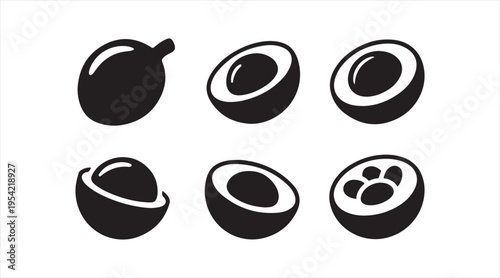 Avocado silhouettes black vector set whole and sliced fruit minimalist food icons