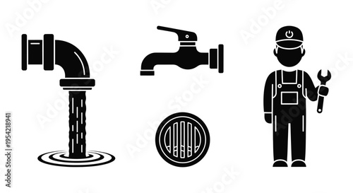 Plumbing icons featuring a tap pipe drain and worker silhouette
