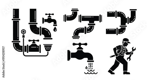 Plumbing components and repairman depicted in a striking black silhouette