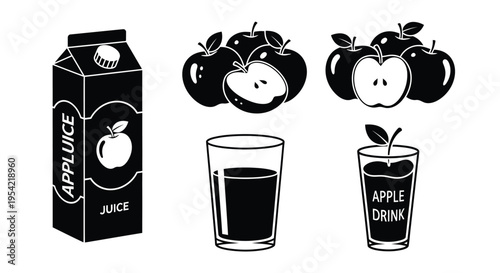 Black silhouettes of apple juice carton fruit and glasses silhouette