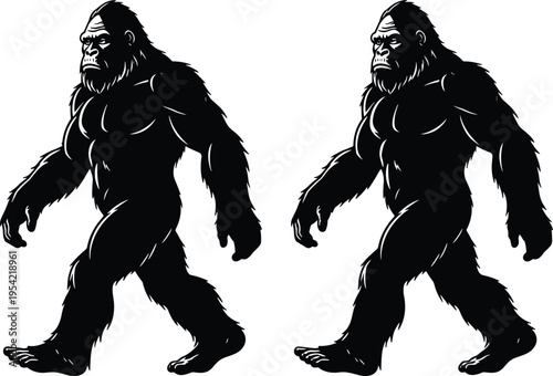 Silhouette Bigfoot Sasquatch cryptid creatures walking in mirrored positions, mythical folklore illustration of mysterious hairy humanoid legend, fantasy monster design for cryptozo