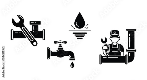 Plumbing tools and worker in a striking black silhouette