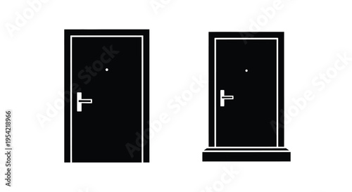 Two black doors with handles presented as a stark silhouette