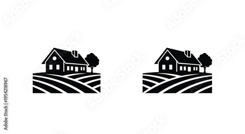 Two identical farmhouses with fields and trees a black silhouette