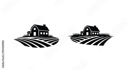 Two farmhouses on rolling hills depicted in a striking silhouette