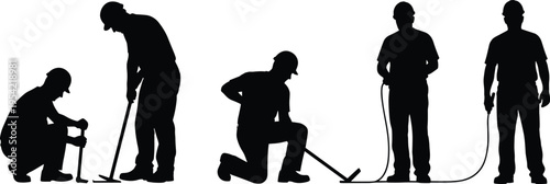 Silhouette construction workers performing tasks with tools and equipment, teamwork in building site labor, industrial illustration showing manual work and heavy industry background design