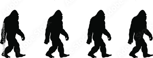 Silhouette Bigfoot Sasquatch cryptid creatures walking in repeated pattern, mythical folklore illustration of mysterious hairy humanoid legend, fantasy monster design for cryptozoology themes