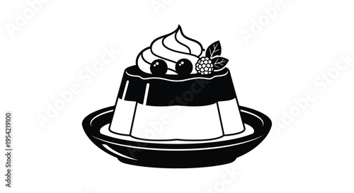 Black and white illustration of a layered dessert with berries silhouette
