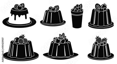 Variety of dessert illustrations featuring puddings and cakes black silhouette