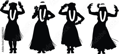 Silhouette Hawaiian hula dancers in traditional attire with grass skirts, leis, and floral accessories, cultural dance illustration representing island heritage, rhythm, and artistic performanc