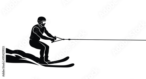 Waterskiing athlete in action dynamic pose black and white silhouette
