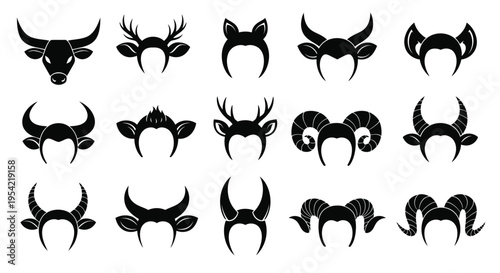 Animal head silhouettes collection featuring horns and distinctive shapes silhouette