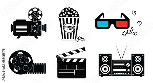 Black silhouettes of cinema elements including film reel and popcorn silhouette