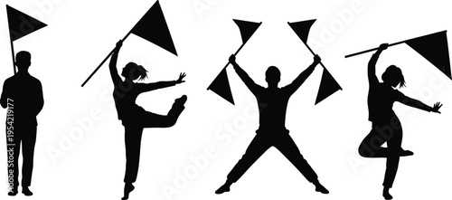 Silhouette illustration of four figures holding flags in dynamic poses, representing choreography, color guard routine, expressive movement, performance art, and symbolic celebration concept