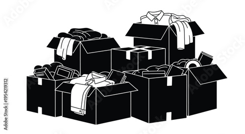Stacked cardboard boxes filled with clothing and personal items silhouette