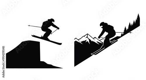 Two skiers in action leaping and descending a snowy slope silhouette