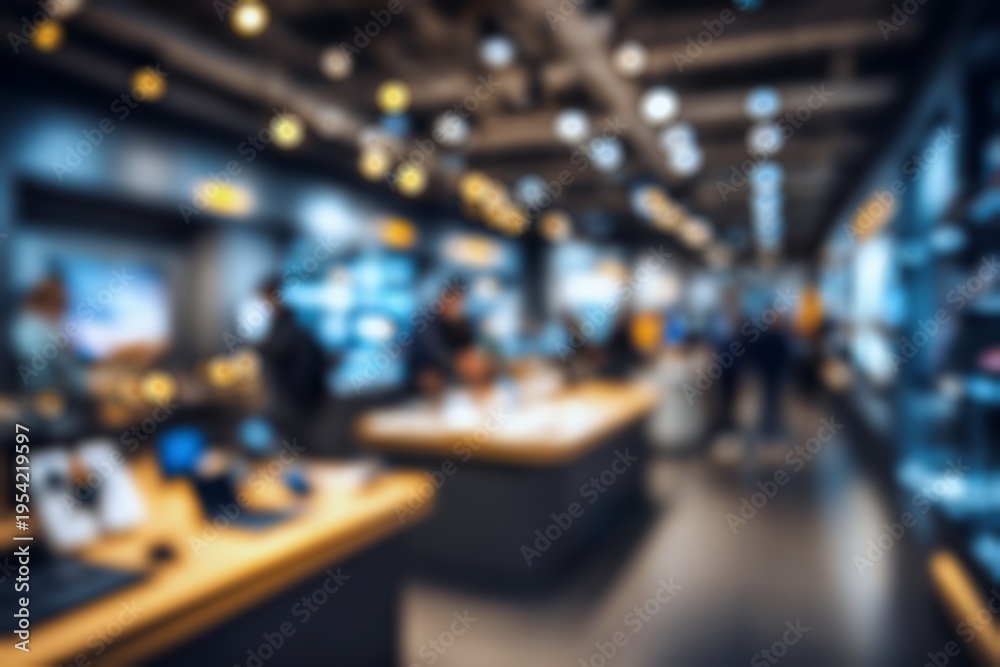 Obraz premium Blurred view customers browsing electronics in a modern retail store