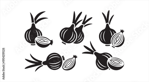 Onion silhouettes black vector set whole bulbs and sliced halves minimalist food icons
