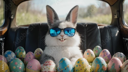 A white rabbit wearing blue sunglasses sits confidently in a vintage car surrounded by colorful, decorated Easter eggs