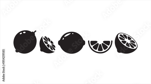 Citrus silhouettes black vector set lemon orange lime sliced fruit minimalist icons