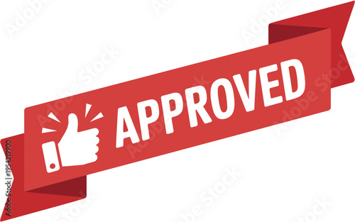 Red approved banner vector illustration with thumbs up icon representing business success, marketing approval, quality endorsement, customer satisfaction, and positive feedback for corporate promotion