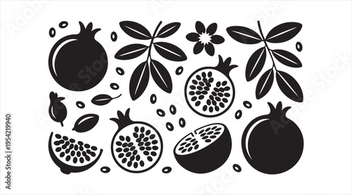 Pomegranate silhouettes black vector pattern set fruit and leaves minimalist design