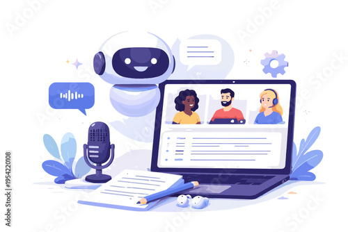 Cute illustration vector flat design transcription icon generation ai automatic soft shadow image sticker style meeting