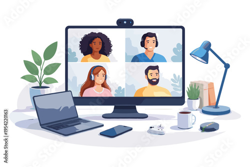 Image video conference digital vector simple icon team cute illustration vector illustration generation setup