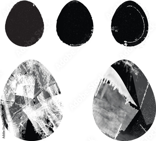 Easter egg texture collection.Distressed Oval Post Stamp . Geometrical decorated Easter egg. Sprayed, noised, speckled, textured, transparent oval collection. Vector Illustration . Egg texture set.