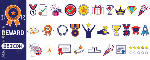 "Reward Set of Web Icons in Line Style – Linear Icons for Gift, Trophy, Recognition, Reward Program, Medal, Bonus, and More – Editable Stroke"