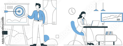 Professional presenting data and a colleague analyzing graphs at workstation