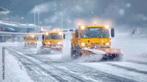 Airport Ground Safety Scene with Illuminated Snow Plows on Runway