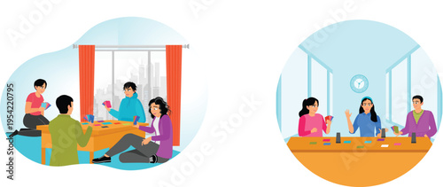 Groups of people engaged in casual card games during different times of day