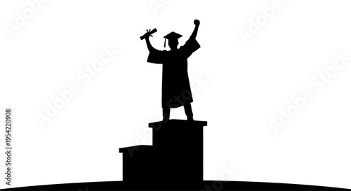 Silhouette of a triumphant graduate celebrating on a podium.