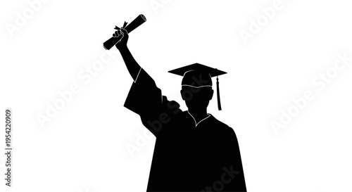 Silhouette of a graduate student celebrating success with a diploma.