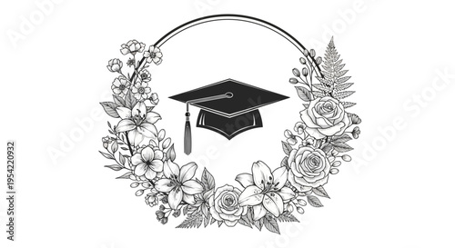 Graduation cap with tassel in a floral wreath line art.