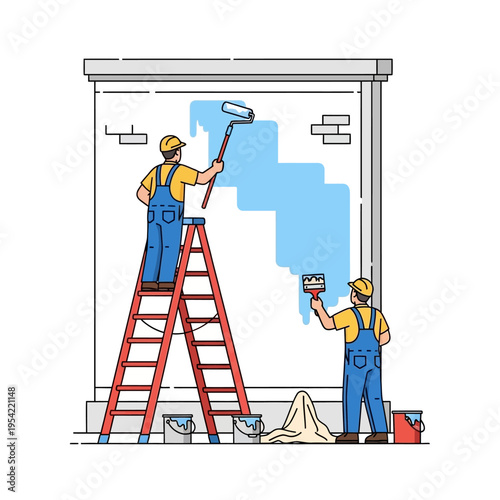 Painters painting a wall with blue paint, using rollers and brushes on ladders