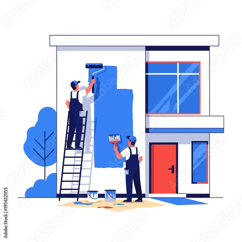 Painters painting a modern house exterior with blue color, using ladder and brush