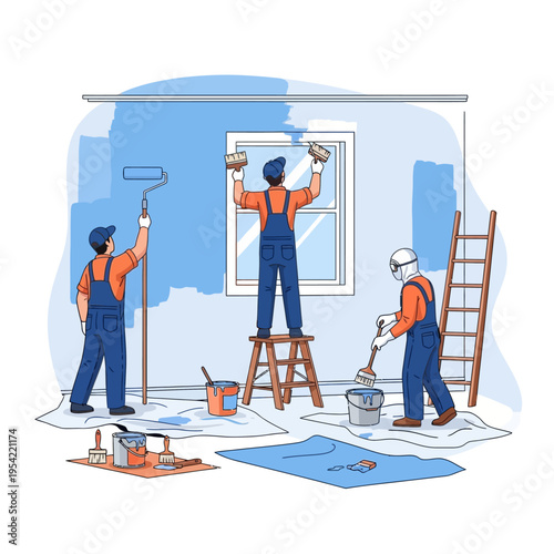 Painters renovating room, painting walls blue with rollers and brushes, home improvement