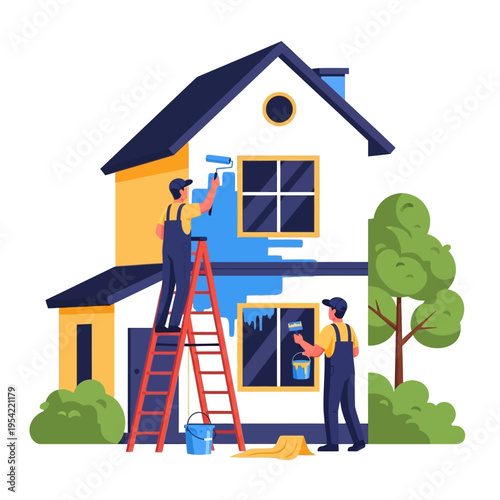 Painters painting house exterior with blue color, home renovation and improvement concept