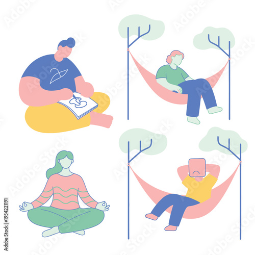 People relaxing outdoors: drawing, meditating, and resting in hammocks