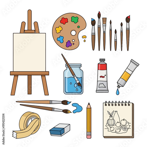 Art supplies and tools for painting and drawing on a white background