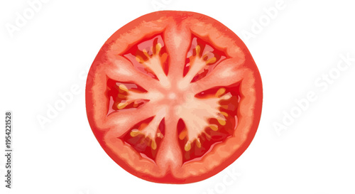 Freshly sliced ripe red tomato showing its vibrant internal structure and seeds, perfect for culinary and healthy eating concepts