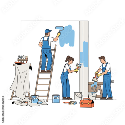 Painters in blue overalls painting a wall with blue paint using rollers and brushes