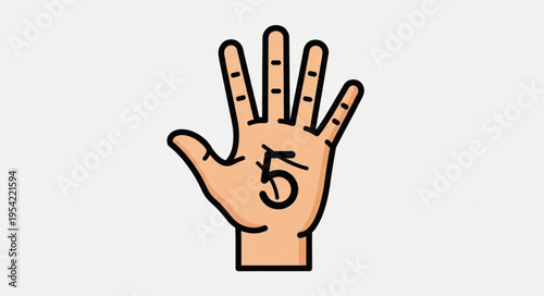 Illustration of a Hand Showing Five Fingers with Number Five.