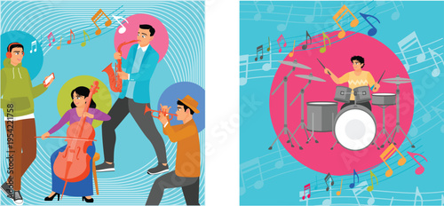 Vibrant ensemble of musicians performing together in a lively and colorful setting