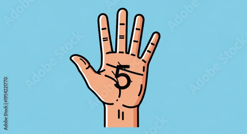 Palmistry Hand Illustration with Number Five, Numerology Concept.
